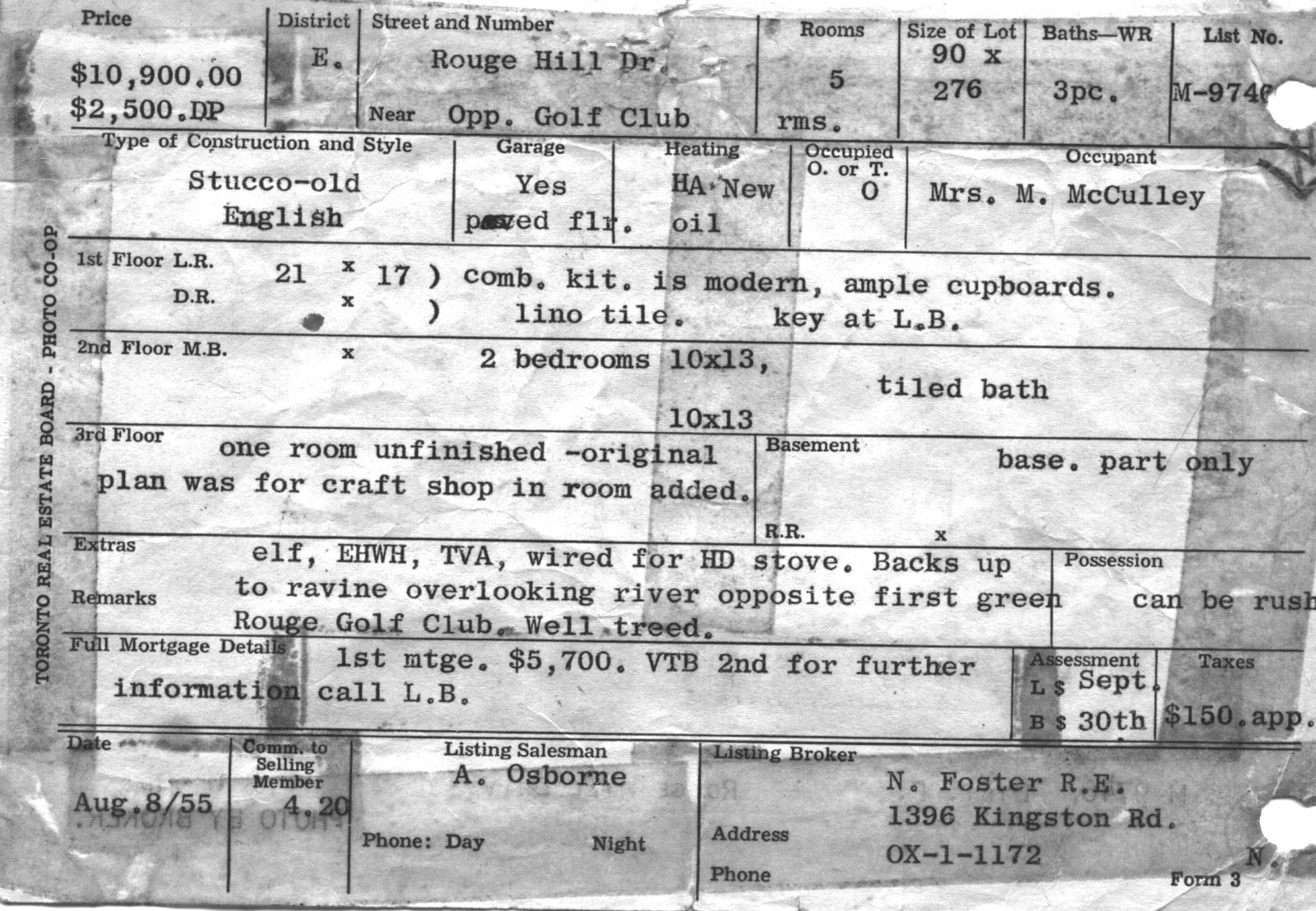 Rouge Hill Drive real estate listing, 1955